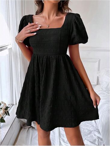 SOLY HUX Women's Summer Square Neck Puff Sleeve Dress Casual Vacation Swing A Line Short Dress in Saudi Arabia