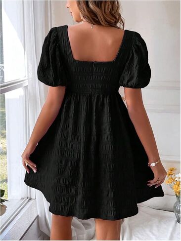 SOLY HUX Women's Summer Square Neck Puff Sleeve Dress Casual Vacation Swing A Line Short Dress in Saudi Arabia