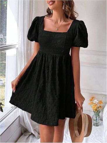 SOLY HUX Women's Summer Square Neck Puff Sleeve Dress Casual Vacation Swing A Line Short Dress in Saudi Arabia