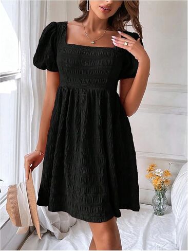 SOLY HUX Women's Summer Square Neck Puff Sleeve Dress Casual Vacation Swing A Line Short Dress in Saudi Arabia