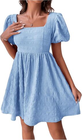 SOLY HUX Women's Summer Square Neck Puff Sleeve Dress Casual Vacation Swing A Line Short Dress in Saudi Arabia