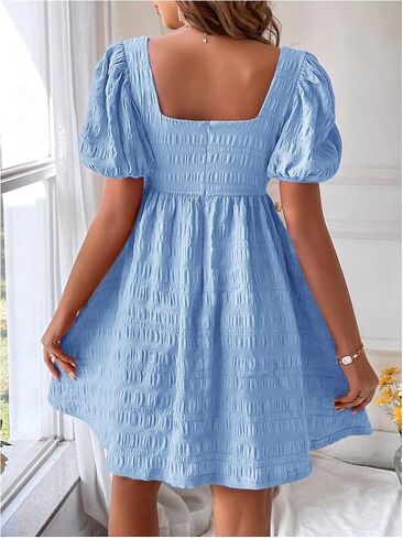 SOLY HUX Women's Summer Square Neck Puff Sleeve Dress Casual Vacation Swing A Line Short Dress in Saudi Arabia