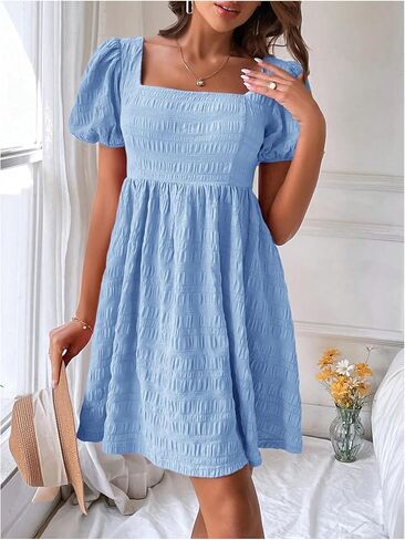 SOLY HUX Women's Summer Square Neck Puff Sleeve Dress Casual Vacation Swing A Line Short Dress in Saudi Arabia