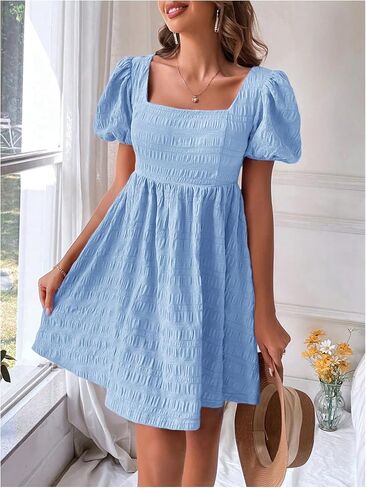 SOLY HUX Women's Summer Square Neck Puff Sleeve Dress Casual Vacation Swing A Line Short Dress in Saudi Arabia