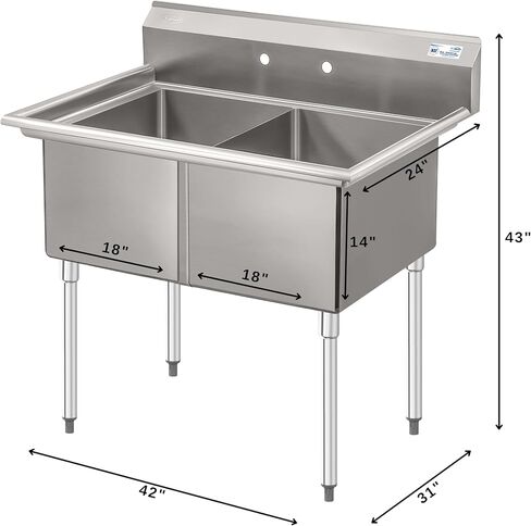 KoolMore 42 in. 16-Gauge 2-Compartment Commercial Sink with Backsplash, Bowl Dimensions 18"x18"x14" in Stainless-Steel (KM-SB181814-N316) in Saudi Arabia