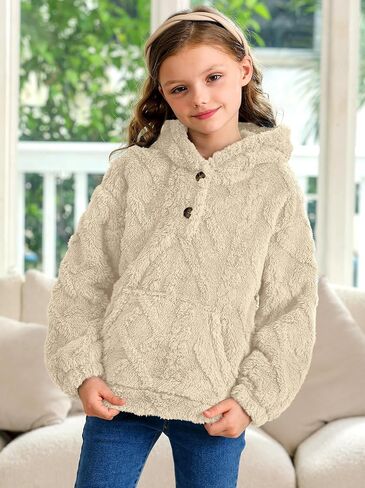 Besserbay Girls Winter Sherpa Fleece Fuzzy Hoodies Sweatshirts Button Button Down Dan Disual Outerwear Coat مع جيوب من 4 إلى 14 عامًا in Saudi Arabia