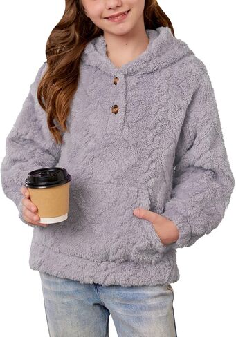 BesserBay Girls Winter Sherpa Fleece Fuzzy Hoodies Sweatshirts Button Down Casual Outerwear Coat with Pockets 4-14 Years in Saudi Arabia
