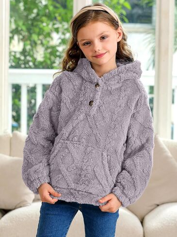 BesserBay Girls Winter Sherpa Fleece Fuzzy Hoodies Sweatshirts Button Down Casual Outerwear Coat with Pockets 4-14 Years in Saudi Arabia