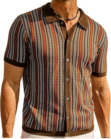 Mens Knit Polo Shirts Vintage Casual Short Sleeve Shirt Golf Button Down Pinstripe Old Money Top in Saudi Arabia