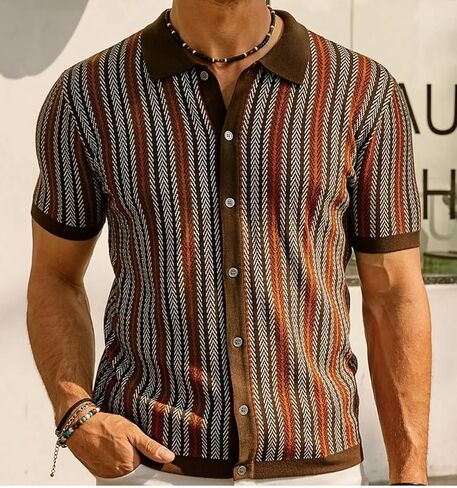 Mens Knit Polo Shirts Vintage Casual Short Sleeve Shirt Golf Button Down Pinstripe Old Money Top in Saudi Arabia