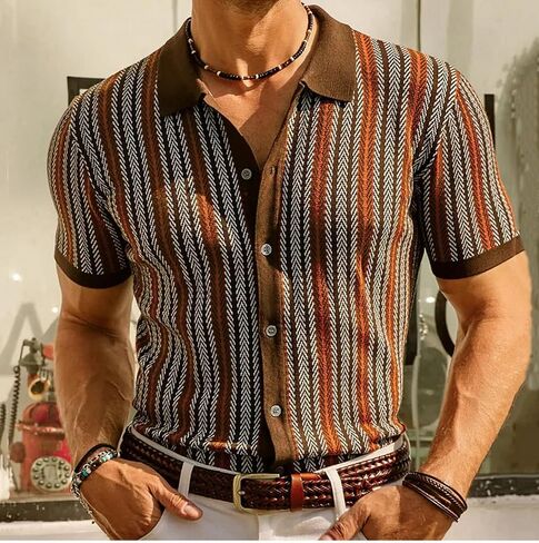 Mens Knit Polo Shirts Vintage Casual Short Sleeve Shirt Golf Button Down Pinstripe Old Money Top in Saudi Arabia