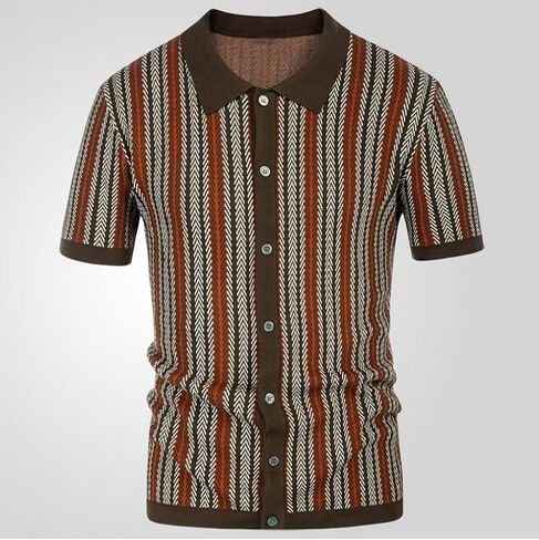 Mens Knit Polo Shirts Vintage Casual Short Sleeve Shirt Golf Button Down Pinstripe Old Money Top in Saudi Arabia