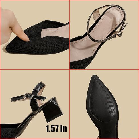 Women's Knit Closed Toe Slingback Chunky Heel Dress Pumps with Wave Ankle Strap Fashion Pointed Toe Buckle Block Heeled Sandals Summer Casual Work Office Wedding High Heels in Kuwait
