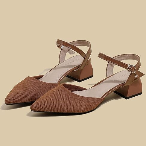Women's Knit Closed Toe Slingback Chunky Heel Dress Pumps with Wave Ankle Strap Fashion Pointed Toe Buckle Block Heeled Sandals Summer Casual Work Office Wedding High Heels in Kuwait