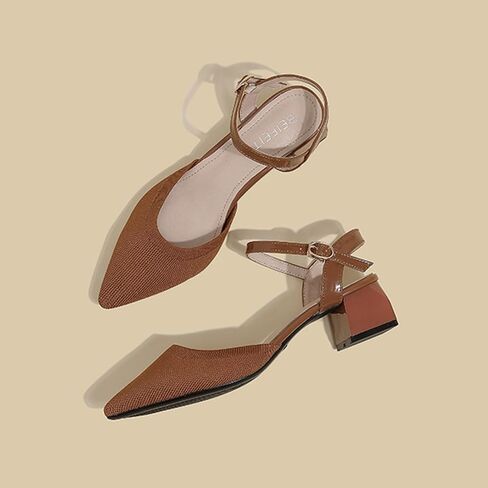 Women's Knit Closed Toe Slingback Chunky Heel Dress Pumps with Wave Ankle Strap Fashion Pointed Toe Buckle Block Heeled Sandals Summer Casual Work Office Wedding High Heels in Kuwait