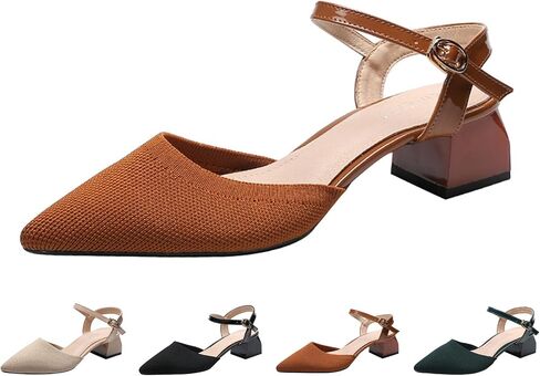 Women's Knit Closed Toe Slingback Chunky Heel Dress Pumps with Wave Ankle Strap Fashion Pointed Toe Buckle Block Heeled Sandals Summer Casual Work Office Wedding High Heels in Kuwait