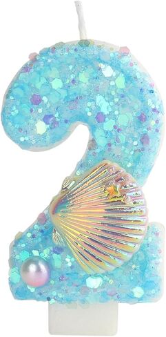 شموع عيد ميلاد رقم 2 شمعة ، أزرق 2 Girls Glitter Shell الترتر رقم الشمعة للكعكة ، شموع رقمية مصنوعة يدويًا مثالية لزخارف حفل عيد ميلاد Mermaid Beach Beach Nemo (الأزرق ، 2) in Kuwait