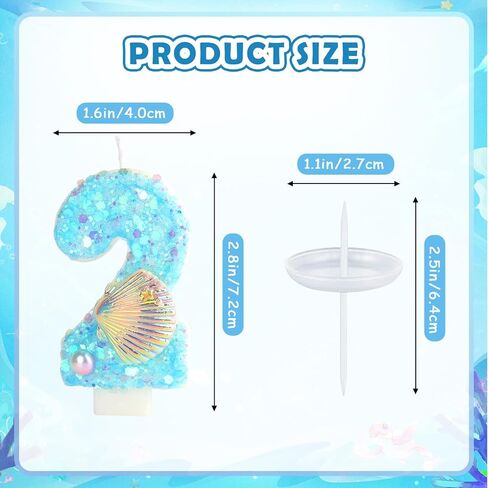 شموع عيد ميلاد رقم 2 شمعة ، أزرق 2 Girls Glitter Shell الترتر رقم الشمعة للكعكة ، شموع رقمية مصنوعة يدويًا مثالية لزخارف حفل عيد ميلاد Mermaid Beach Beach Nemo (الأزرق ، 2) in Kuwait