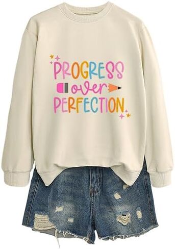 Sweatshirt for Women, Progress Over Perfection Sweatshirt Inspiring Teacher Long Sleeve Comfortable Pullover in Saudi Arabia