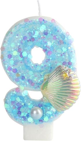 شموع عيد ميلاد رقم 2 شمعة ، أزرق 2 Girls Glitter Shell الترتر رقم الشمعة للكعكة ، شموع رقمية مصنوعة يدويًا مثالية لزخارف حفل عيد ميلاد Mermaid Beach Beach Nemo (الأزرق ، 2) in Kuwait