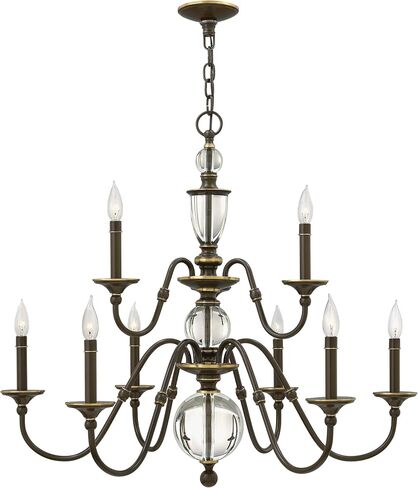 Hinkley Eleanor Medium Two Tier Chandelier - Traditional, 9-Light, Sleek Candle Sleeves, Solid Crystal Accents - Light Oiled Bronze Finish in Kuwait