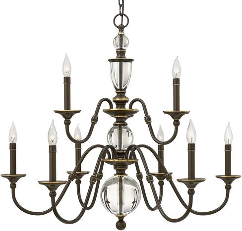 Hinkley Eleanor Medium Two Tier Chandelier - Traditional, 9-Light, Sleek Candle Sleeves, Solid Crystal Accents - Light Oiled Bronze Finish in Kuwait