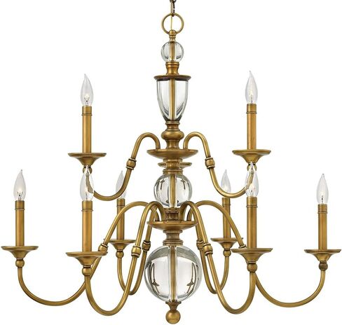 Hinkley Eleanor Medium Two Tier Chandelier - Traditional, 9-Light, Sleek Candle Sleeves, Solid Crystal Accents - Light Oiled Bronze Finish in Kuwait