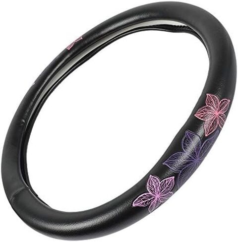 BDK GripGrab Comfort Grip - Purple & Pink Flowers Design on Black Synthetic Leather Steering Wheel Cover 15" - SW-538_AM in Saudi Arabia