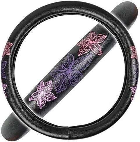 BDK GripGrab Comfort Grip - Purple & Pink Flowers Design on Black Synthetic Leather Steering Wheel Cover 15" - SW-538_AM in Saudi Arabia