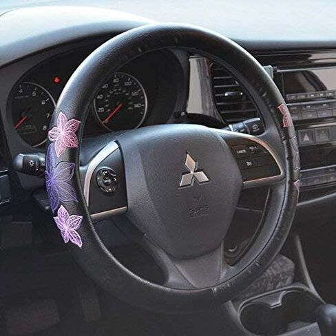 BDK GripGrab Comfort Grip - Purple & Pink Flowers Design on Black Synthetic Leather Steering Wheel Cover 15" - SW-538_AM in Saudi Arabia