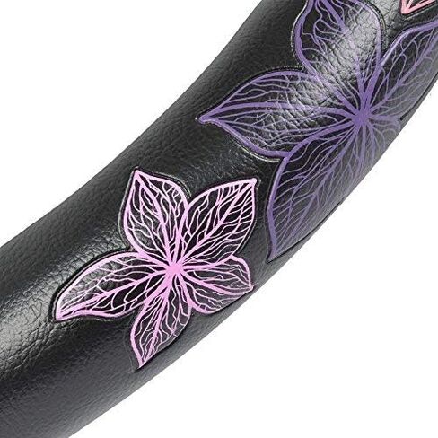 BDK GripGrab Comfort Grip - Purple & Pink Flowers Design on Black Synthetic Leather Steering Wheel Cover 15" - SW-538_AM in Saudi Arabia