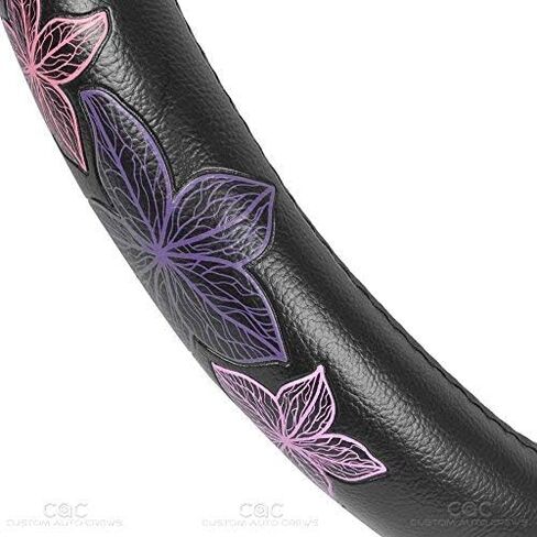 BDK GripGrab Comfort Grip - Purple & Pink Flowers Design on Black Synthetic Leather Steering Wheel Cover 15" - SW-538_AM in Saudi Arabia