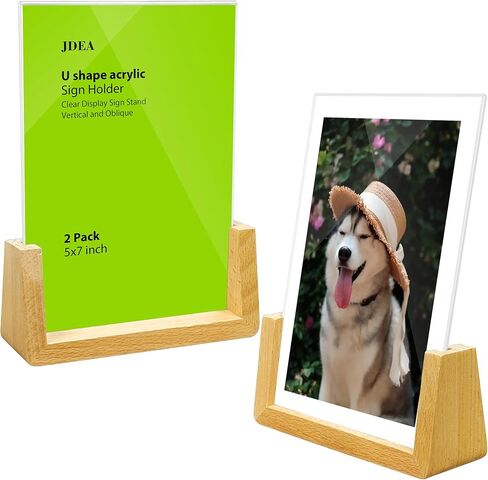 2 Pack 5x7 Inchs U-shaped Acrylic Sign Holder with Wood Base Menu Holder Flyer Holder Poster Stand Photo Stand (5*7) in Kuwait
