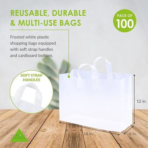 Prime Line Packaging Clear Gift Bags with Handles, Frosted Plastic Shopping Tote for Girls, Small Business, Boutiques, Retail, Bulk, 6x3x9 100 Pack in Saudi Arabia
