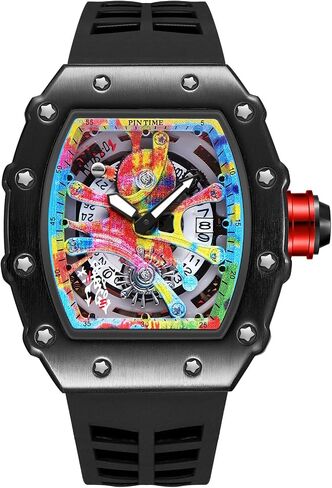 PINTIME Mens Luxury Tonneau Fashion Hallow Punk Graffiti Art Dial Hip-hop Unique Sports Wrist Watch Japanese Movement Luminous Design with Silicone Band in Kuwait