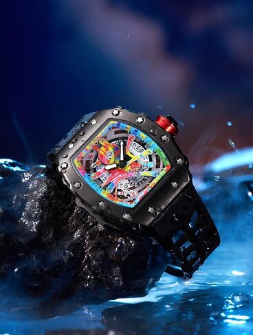PINTIME Mens Luxury Tonneau Fashion Hallow Punk Graffiti Art Dial Hip-hop Unique Sports Wrist Watch Japanese Movement Luminous Design with Silicone Band in Kuwait