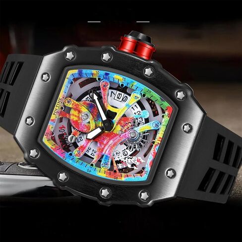 PINTIME Mens Luxury Tonneau Fashion Hallow Punk Graffiti Art Dial Hip-hop Unique Sports Wrist Watch Japanese Movement Luminous Design with Silicone Band in Kuwait