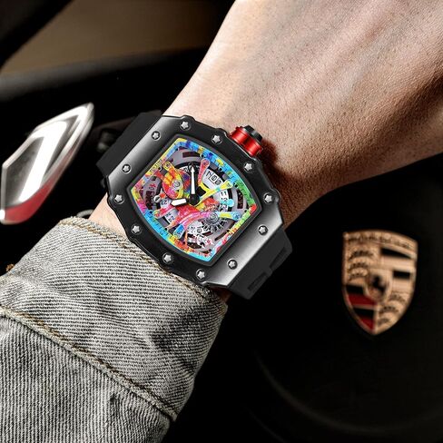 PINTIME Mens Luxury Tonneau Fashion Hallow Punk Graffiti Art Dial Hip-hop Unique Sports Wrist Watch Japanese Movement Luminous Design with Silicone Band in Kuwait