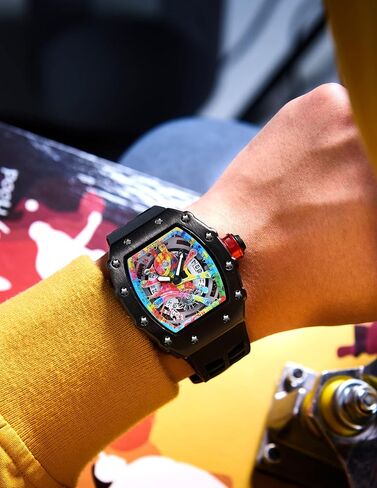 PINTIME Mens Luxury Tonneau Fashion Hallow Punk Graffiti Art Dial Hip-hop Unique Sports Wrist Watch Japanese Movement Luminous Design with Silicone Band in Kuwait