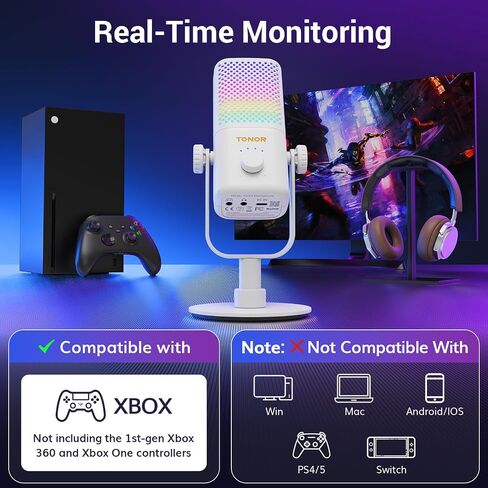 TONOR Gaming Microphone Compatible with Xbox, RGB Condenser Streaming Mic with 30H Battery Life, Low Noise, Monitoring, Gain Control, One Tap Mute, Fast Charging, Compatible with Capture Card TCX3 in Saudi Arabia