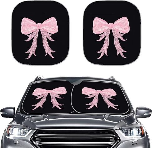 Windshield Sunshade for Car SUV Truck,2 PCS Foldable UV Ray Reflector Front Window Sun Shade Visor Shield Cover,Fits Windshields of Most Sizes Pink Bow in Kuwait