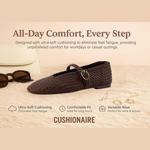CUSHIONAIRE Bistro Mary Jane Flats for Women, Woven Ballet Flats Shoes with Strap and Memory Foam for All-Day Comfort in Saudi Arabia