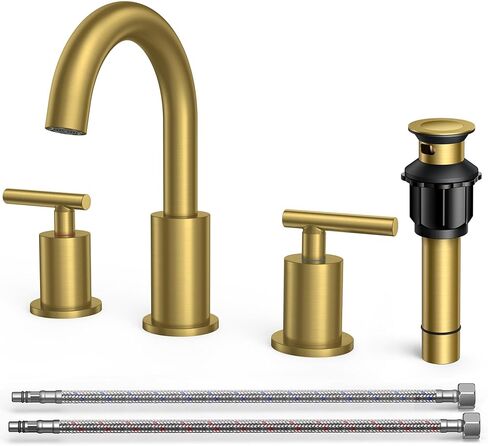 FORIOUS 8 Inch Widespread Brushed Gold Bathroom Faucet 3 Hole, 2 Handle Gold Sink Faucet Bathroom Vanity with 360 Degree Swivel Spout, with Metal Pop Up Drain and cUPC Supply Line, for 6 to 12 In Sink in Kuwait