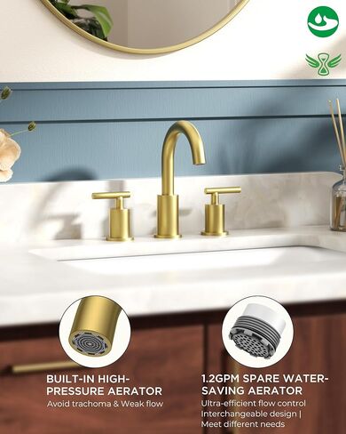 FORIOUS 8 Inch Widespread Brushed Gold Bathroom Faucet 3 Hole, 2 Handle Gold Sink Faucet Bathroom Vanity with 360 Degree Swivel Spout, with Metal Pop Up Drain and cUPC Supply Line, for 6 to 12 In Sink in Kuwait