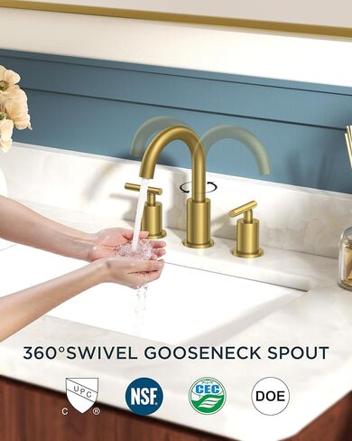 FORIOUS 8 Inch Widespread Brushed Gold Bathroom Faucet 3 Hole, 2 Handle Gold Sink Faucet Bathroom Vanity with 360 Degree Swivel Spout, with Metal Pop Up Drain and cUPC Supply Line, for 6 to 12 In Sink in Kuwait