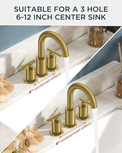 FORIOUS 8 Inch Widespread Brushed Gold Bathroom Faucet 3 Hole, 2 Handle Gold Sink Faucet Bathroom Vanity with 360 Degree Swivel Spout, with Metal Pop Up Drain and cUPC Supply Line, for 6 to 12 In Sink in Kuwait