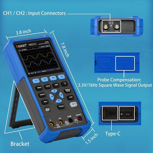 70MHz Bandwidth 2+1CH Handheld OWON Oscilloscope 3 in 1 Functions with 4 1/2 Multimeter 25MHz Arbritary Waveform Generator (2+1 CH/HDS272S) in Saudi Arabia