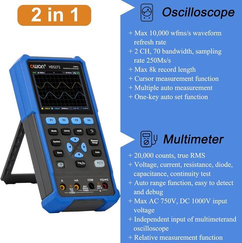 70MHz Bandwidth 2+1CH Handheld OWON Oscilloscope 3 in 1 Functions with 4 1/2 Multimeter 25MHz Arbritary Waveform Generator (2+1 CH/HDS272S) in Saudi Arabia