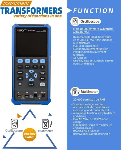 70MHz Bandwidth 2+1CH Handheld OWON Oscilloscope 3 in 1 Functions with 4 1/2 Multimeter 25MHz Arbritary Waveform Generator (2+1 CH/HDS272S) in Saudi Arabia
