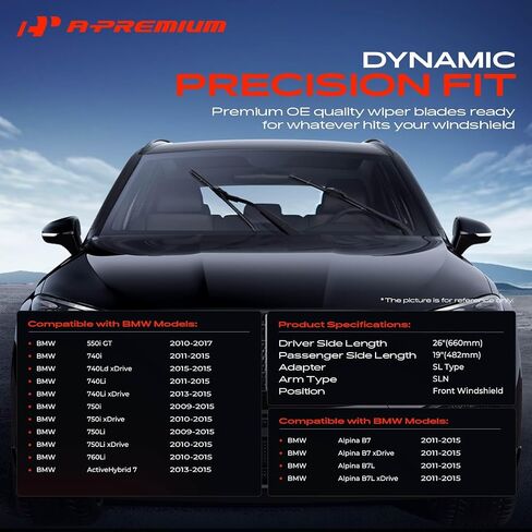 A -Premium Pack of 2 شفرات ماسحة الزجاج الأمامي مع مؤشر وملابس - متوافقة مع BMW 550i GT ، 740i ، 740LD 740LI 750I 750LI XDRIVE ، 760LI ، Alpina B7 XDRIVE - 26 "و 19" و SLN. in Saudi Arabia
